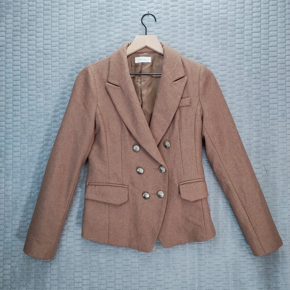 Taupe Wool Blend-Blazer-Double Breasted-Lapels-Silver Buttons-Coco Paris-Sz S
